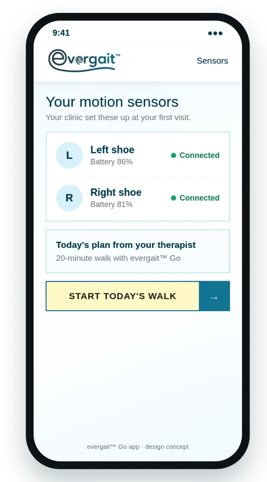 App design concept: the motion sensor screen, showing left and right sensors connected and today's plan from the therapist
