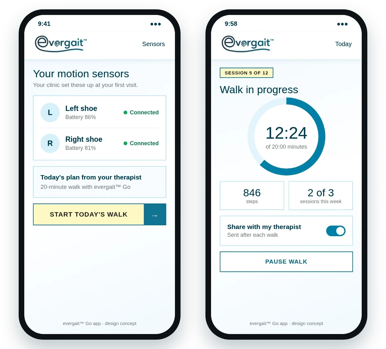 Planned design of the evergait™ Go phone app: a sensor setup screen and a walk-in-progress screen