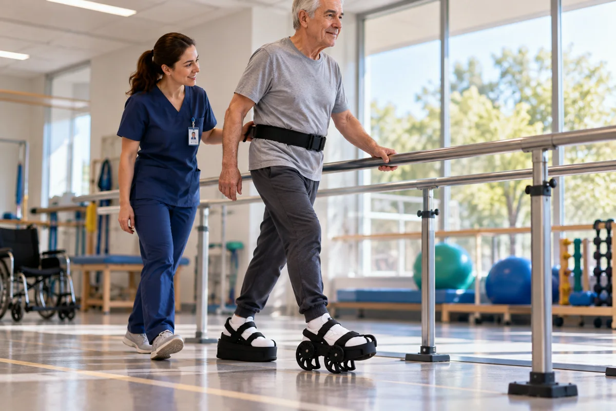 Illustration: a physical therapist supervising a stroke survivor walking with evergait™ Go in a clinic
