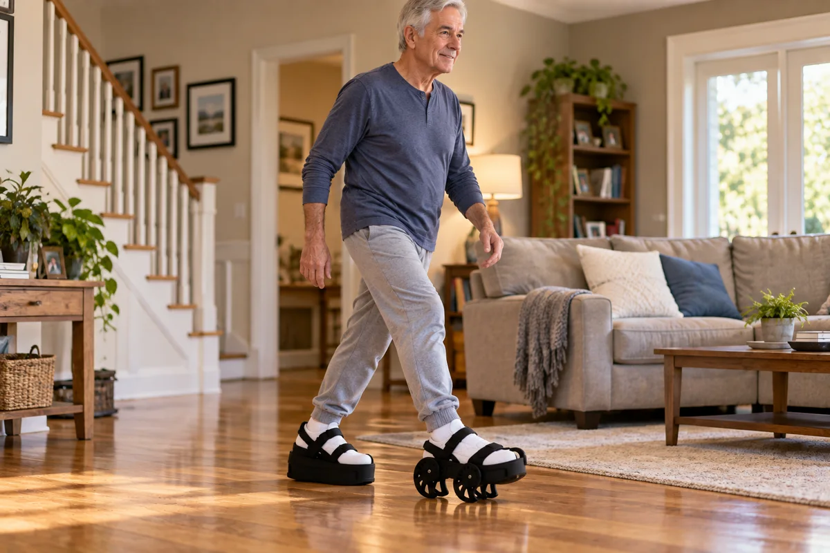 Illustration: a stroke survivor walking at home with evergait™ Go